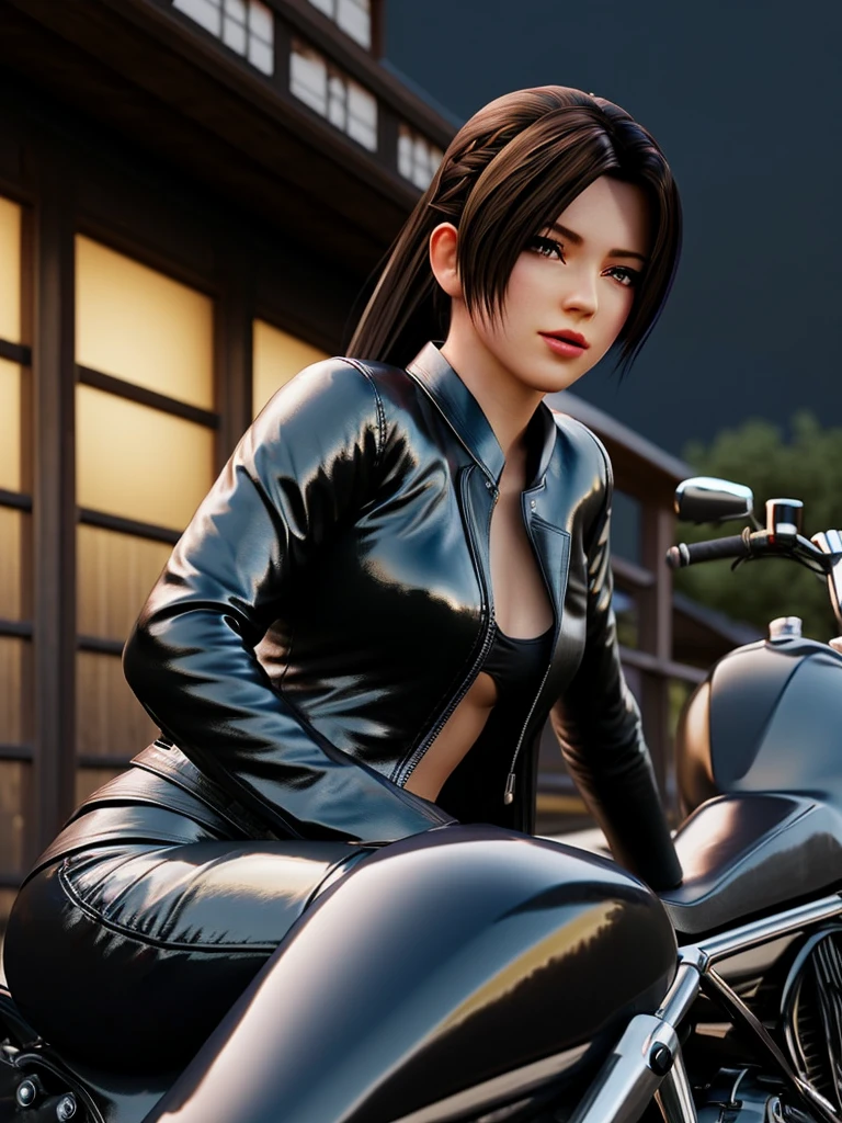 (masutepiece), Full body shot, photo of the whole motorcycle, Cute young woman in Japan, Ride an old traditional shiny metallic silver motorcycle at the wharf, glamorous shape, shoulder length shiny smooth light brown hair, Wearing a leather black riding jacket, Glossy satin red bikini under riding jacket, Leather Black Riding Gloves, Leather Black Pants, Leather Black High Heel Long Boots, staring at night view over the sea, absolutely pretty face, Double eyelids, Natural makeup, long eyelashes, Glossy lips, 8K resolution, high details, detailed hairstyle, Detailed face, Black eyes, elegent, epicd, Cinematic lighting, Octane Rendering, Vibrant, Hyper realistic, Fair skin, Perfect limbs, Perfect Anatomy