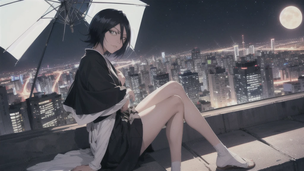 rukia from bleach full body protrat sitting on a hill watching over a tokyo at night turning here face to look at u wile smiling