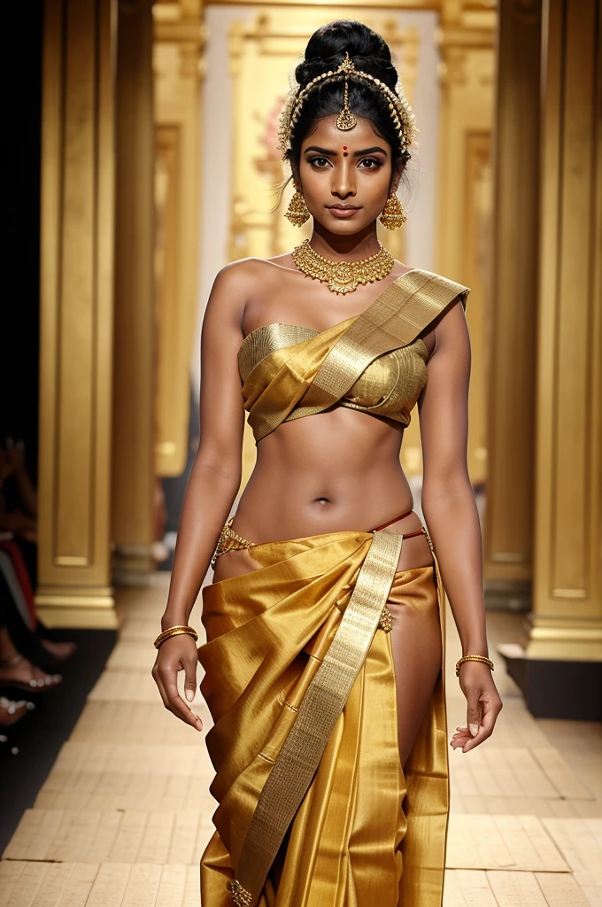 Create an image of a Keralite woman on the Paris Fashion Week runway. She is dressed in a Kasavu saree, paired with gold temple jewelry and jasmine garlands in her hair. The runway design is a mix of traditional and modern Parisian styles.