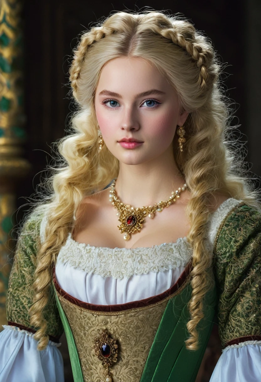  18 year old medieval noblewoman, blonde long hair in elaborate aristocratic hairstyle, cute doll face that looks young,  generous neckline, noble dress, hole body,  big boobs