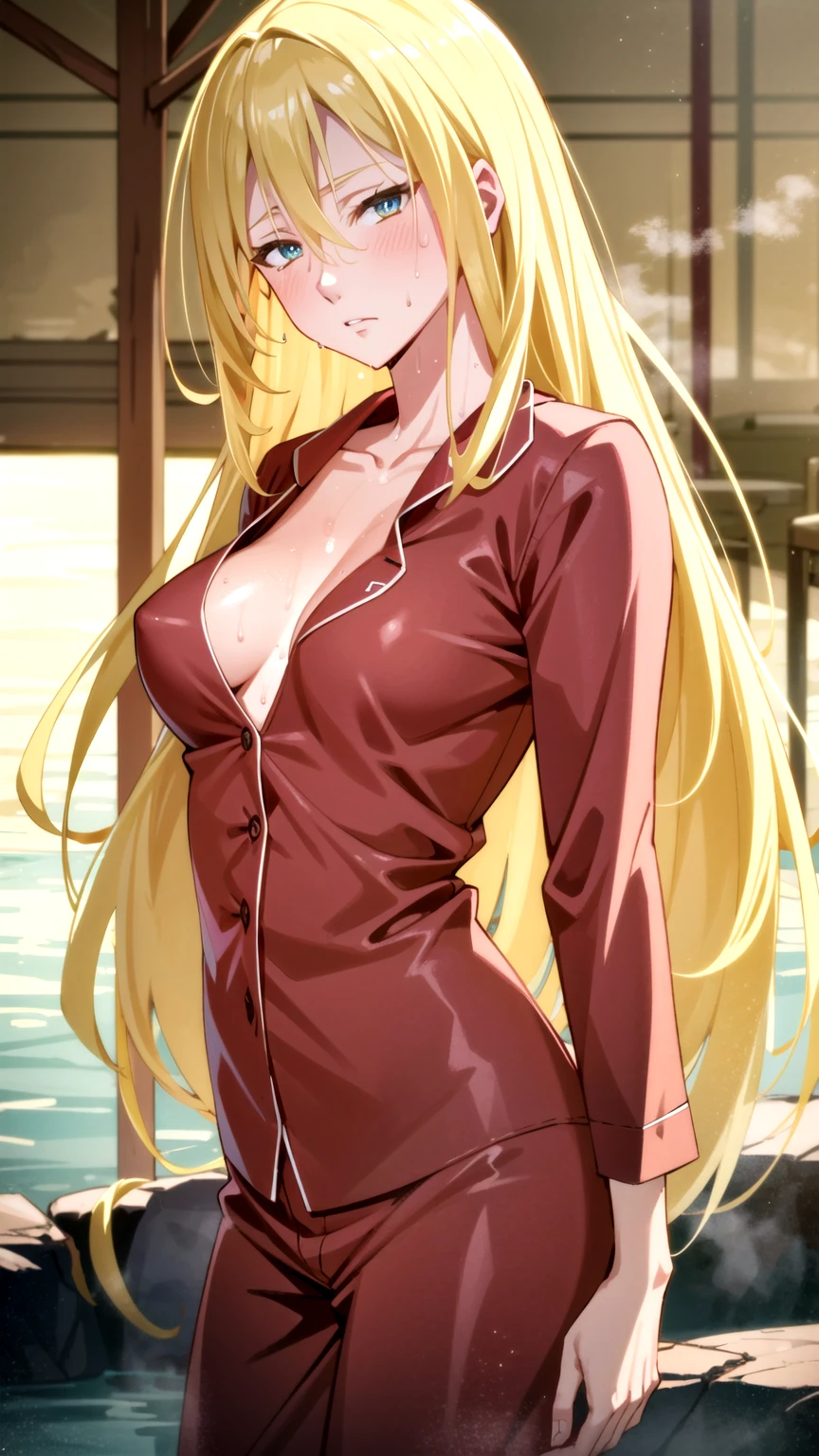 Masterpiece, best quality, very detailed, Ultra high resolution, (photorealistic:1.4), raw photos, (realistic:0.2), 1 girl, alone, long hair,,8k hdr, 1 girl,Blonde hair, shy ,sweat,steam,wet,wet, medium-large breast, bright eyes, , medium-small breasts,,(pajamas) ,,Have sex from behind ,, Party