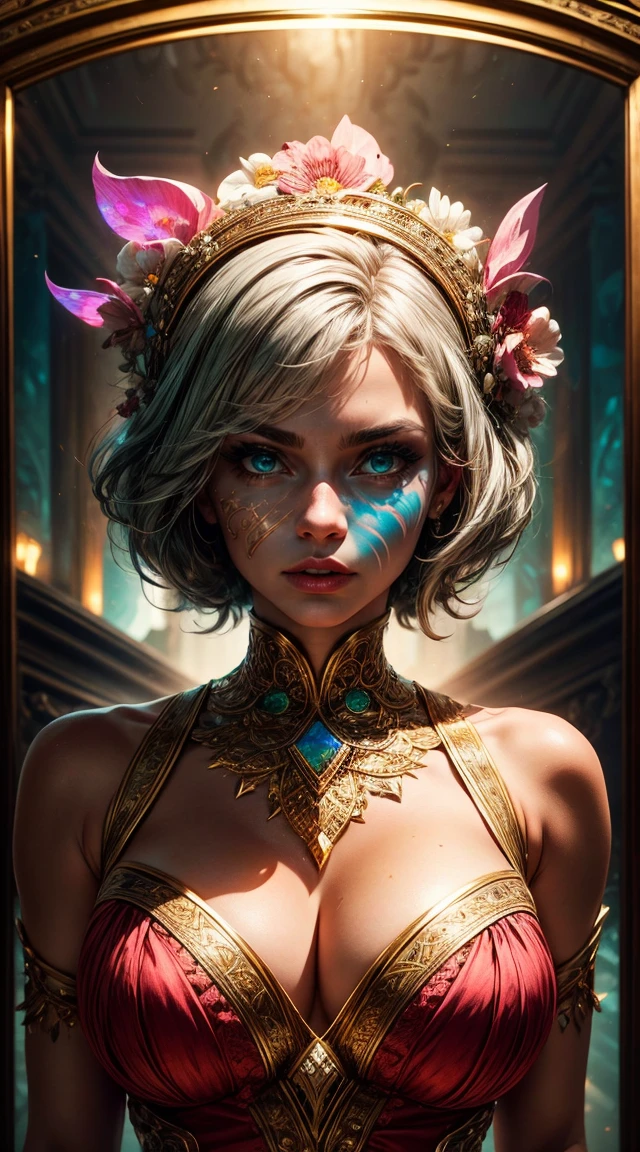 Tia is shown to have a fairly slender figure. She has white-grey hair , she has short hair and large pale green eyes,(knollingcase:1), labelled, overlays, oled display, annotated, technical, knolling diagram, technical drawing, display case, dramatic lighting, glow, dof, reflections, refractions,
(symmetry:1.1) (portrait of floral:1.05) a woman as a beautiful goddess, (assassins creed style:0.8), pink and gold and opal color scheme, beautiful intricate filegrid facepaint, intricate, elegant, highly detailed, artstation, smooth, sharp focus, cleavage exposed, big breasts, superior quality, many details, Puri focus Sharp and realistic
