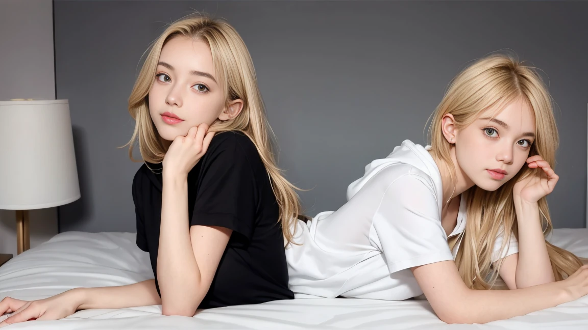 deux femmes blonde ensemble de 18 ans sexy et mince , black short sleeve hoodie , jambe visible , se touche,sur un lit,position sensuel