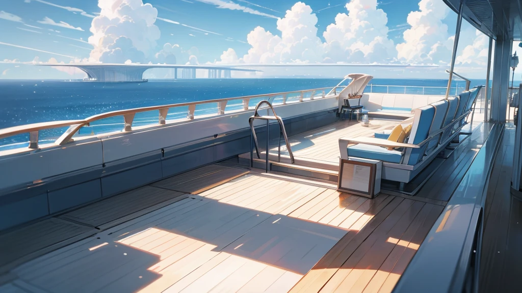Cruise ship deck, cloudy sky, no one