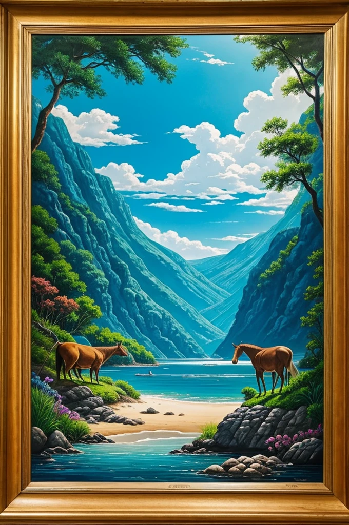 A landscape with blue water and animals