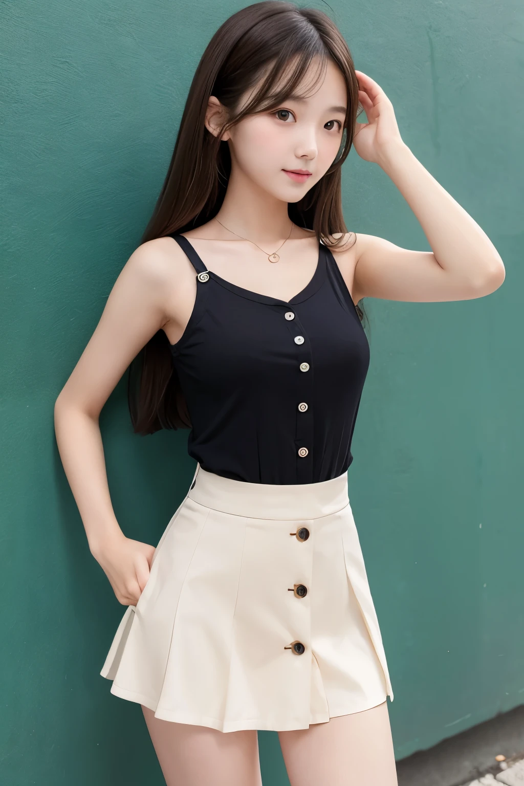A beautiful middle school girl with fair skin and long hair in a short skirt poses in a sexy way. The buttons on her clothes are unbuttoned, revealing her collarbone and shoulders. Her skirt is lifted up.
