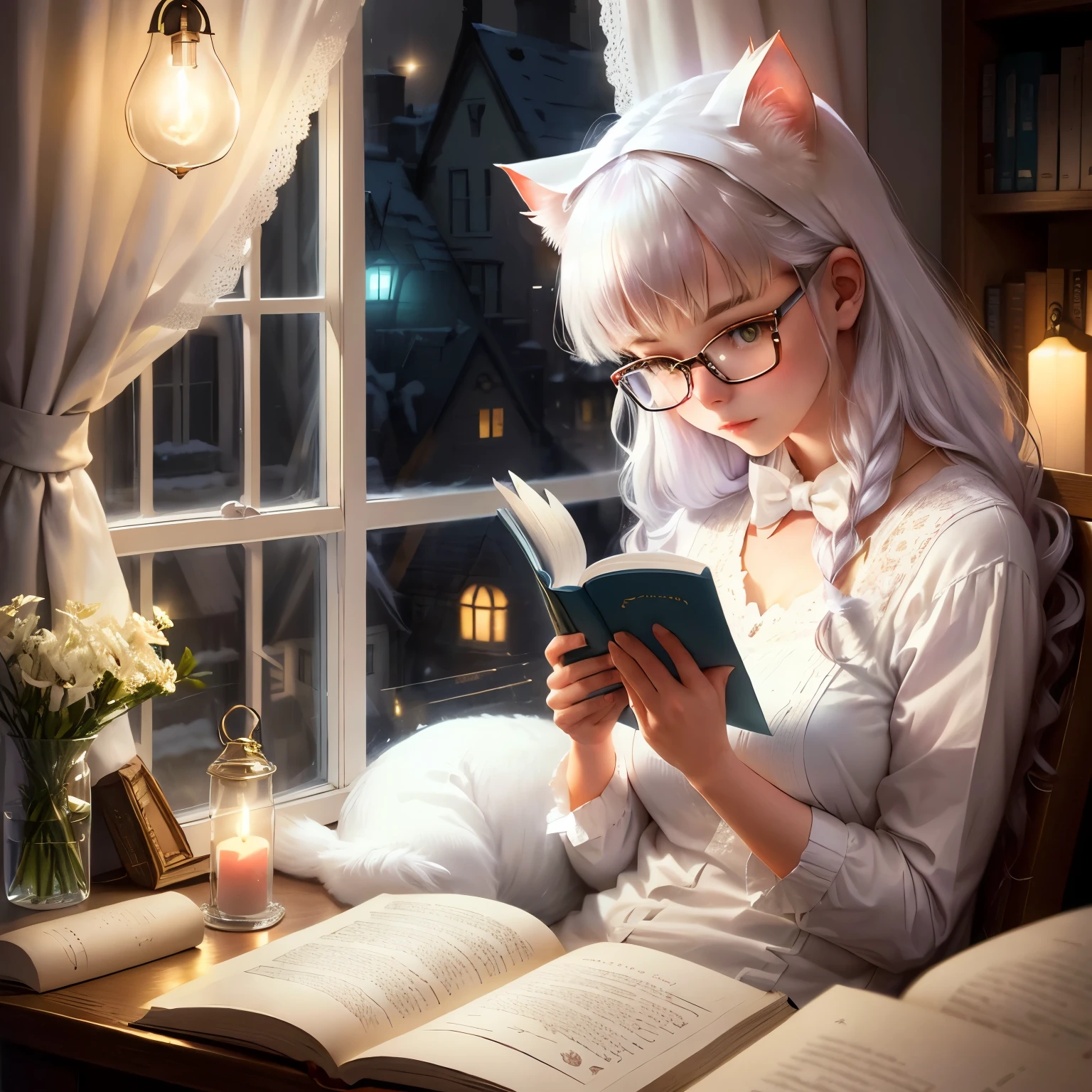 white cat wear glasses reading book with at night nearly window, (rainy : 0.3), paper craft, fairy light