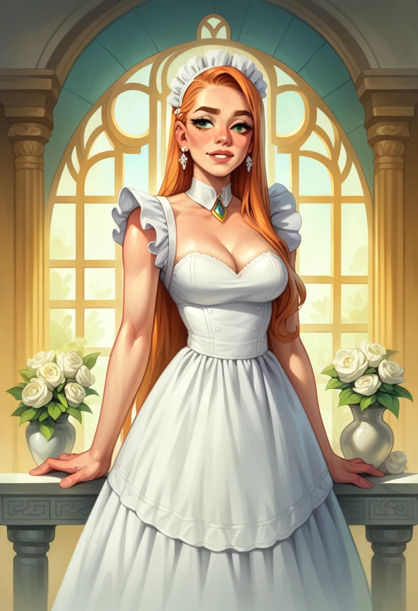 (masterpiece), (Highest quality), (Super detailed), image_type: Portraiture | Sexy big boobs cleavage: fashion | emotion: elegant | scene: A young girl in a yellow and white maid outfit stands elegantly in an elegantly decorated interior room | Beautiful light, Calm mood,Look to the side