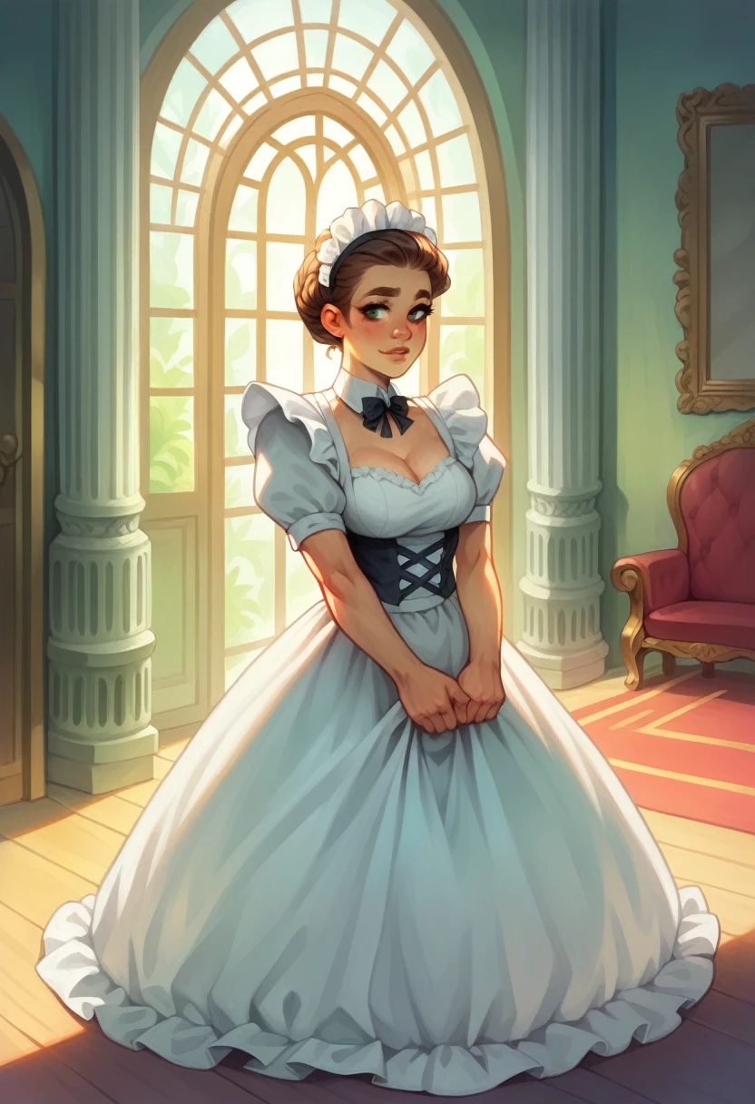 (masterpiece), (Highest quality), (Super detailed), image_type: Portraiture | Sexy big boobs cleavage: fashion | emotion: elegant | scene: A young girl in a yellow and white maid outfit stands elegantly in an elegantly decorated interior room | Beautiful light, Calm mood,Look to the side