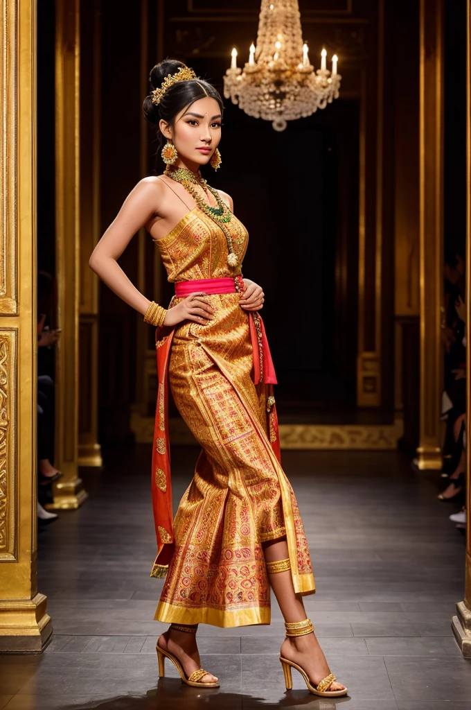 Generate an image of a Manipuri model at Paris Fashion Week. She is wearing a vibrant Potloi dress with traditional accessories and a beautifully styled hair bun. The runway setting includes a blend of Manipuri cultural elements and Parisian elegance