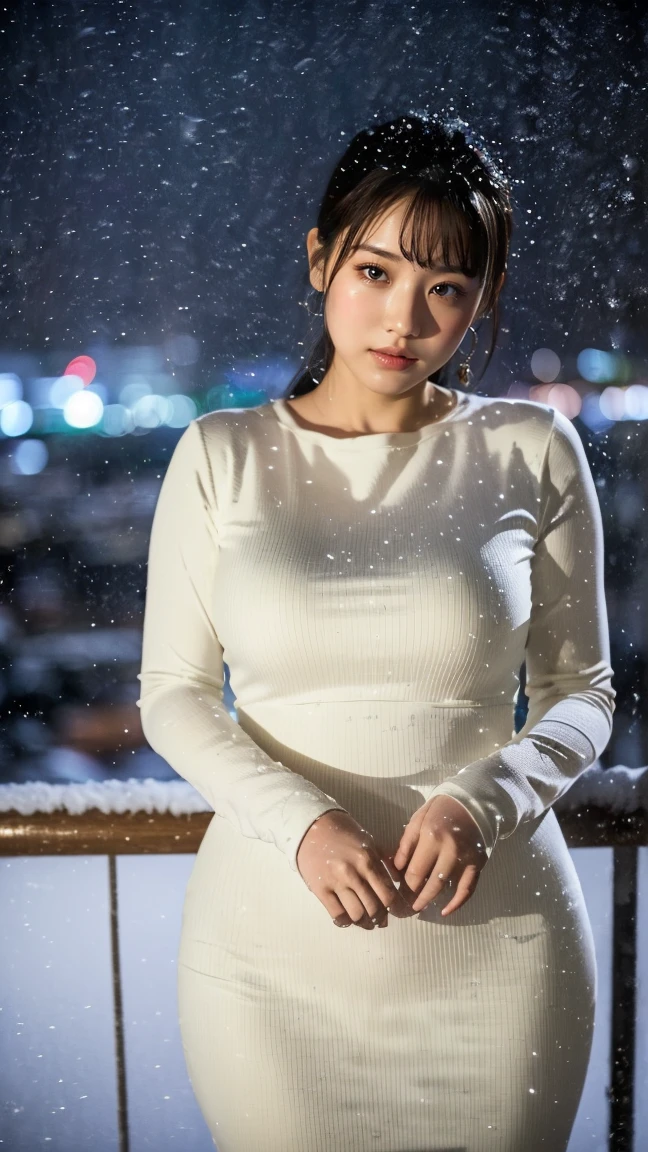 (masutepiece,High quality,16k:1.1),(depth of fields:1.3) ,((front body:1.35)),  Japanese ,young Girl,standard height ,khaki Long Sleeve round neck T-shirt Maxi (((Tight))) Dress, huge breasts, thicc, curvy,(Looking at Viewer:1.3),(full body shot:1.2),snowy landscape,(It's snowing:1.3),(Beautiful night view of Tokyo town:1.2)