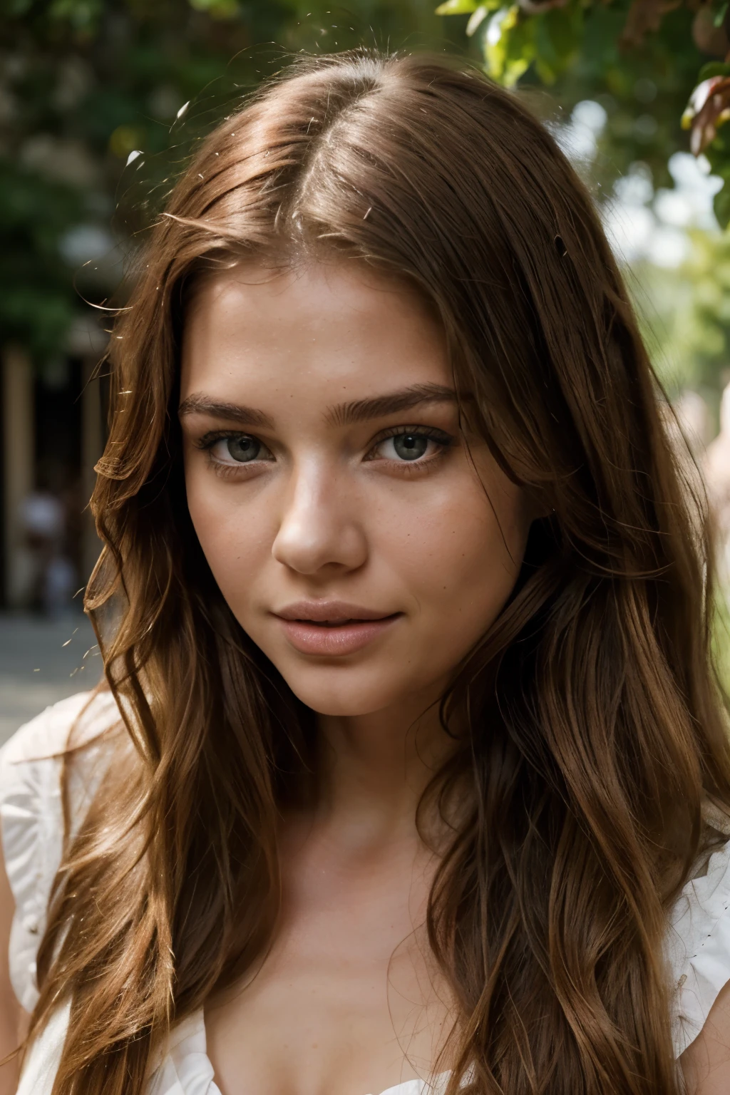une jeune fille mince et jeune de 20 ans, With a face similar to that of actress Adriana Lima, model, ultra-realistic, with luminous, wavy red hair, yeux verts, Stunning, Tout le corps, (blissful), (tranquil), (beautiful dress), out with friends