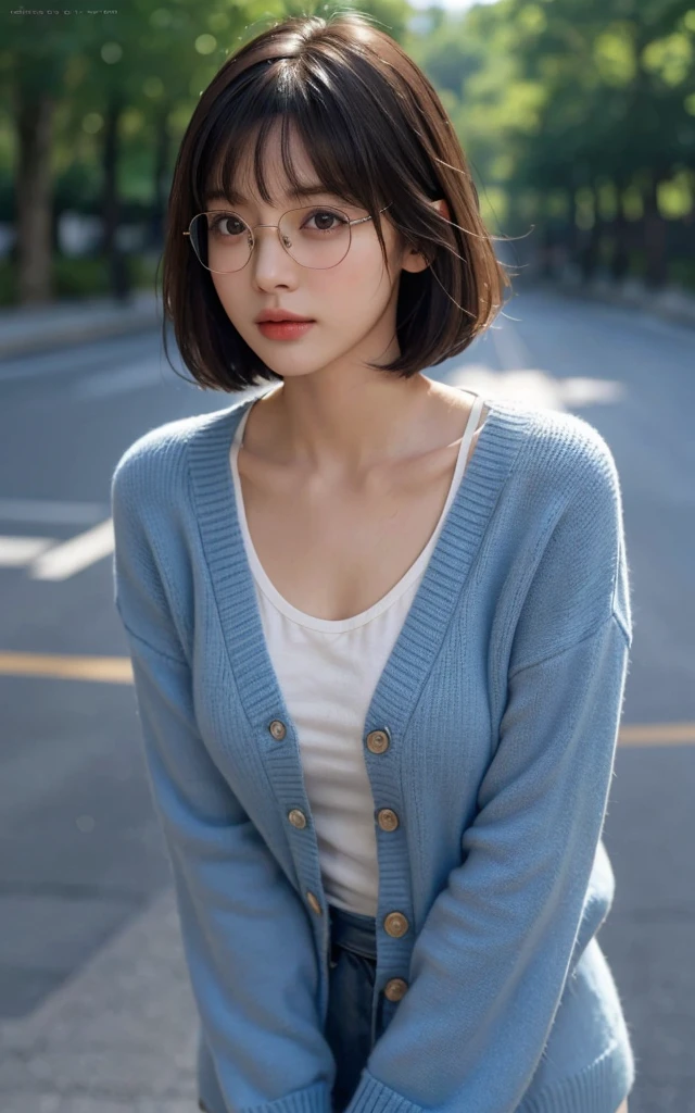 Masterpiece, best picture quality, high quality, beautiful Japanese girl, cute, gravure idol figure, detailed, detailed eyes, detailed skin, beautiful skin, ultra high resolution, (reality: 1.4),very beautiful, slightly younger face, beautiful skin, slender, (ultra realistic), (highresolution), (8K), (very detailed) (beautifully detailed eyes), (super detailed), (wallpaper), (detailed face), looking at viewer, fine details, detailed face, cheer up, big glasses, , sexy, blue cardigan, looking straight ahead, looking straight ahead, angle from waist up, realistic photo, bright lighting, professional lighting, mature woman, (Brown hair, bob hair, layer cut, swaying in the wind, Bangs),