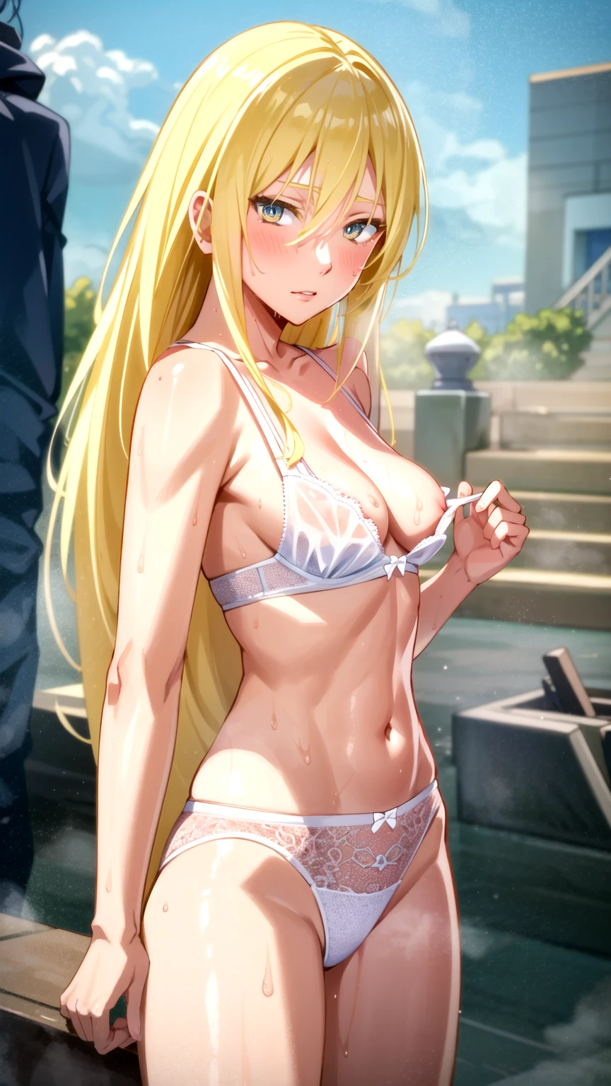 Masterpiece, best quality, very detailed, Ultra high resolution, (photorealistic:1.4), raw photos, (realistic:0.2), 1 girl, alone, long hair,,8k hdr, 1 girl,Blonde hair, shy ,sweat,steam,wet,wet, medium-large breast, bright eyes, , medium-small breasts,,Red lace underwear,,, in japan city