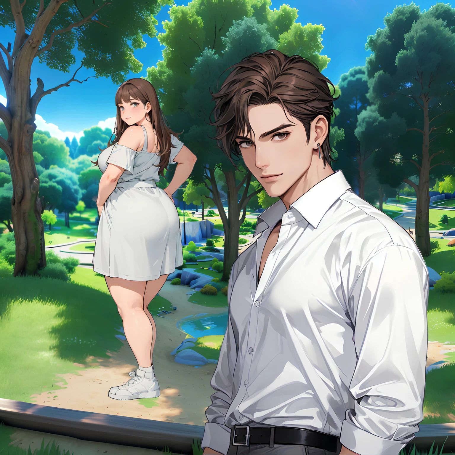 Anime depiction of a man and a woman, standing in the park, official art, Ben Meyer and Sakimichan, inspired by Hisui Sugiura, Sakimichan and Frank Franzzeta, Key visual of the visual novel, Taisho Roman, inspired by Tomioka Tessai, high detailed official artwork, anime curvy john 8k forest