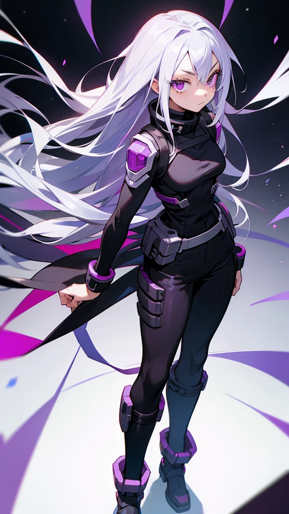16 year old girl from Boku no hero Academia with long black and white hair with purple eyes on an anime hero mission