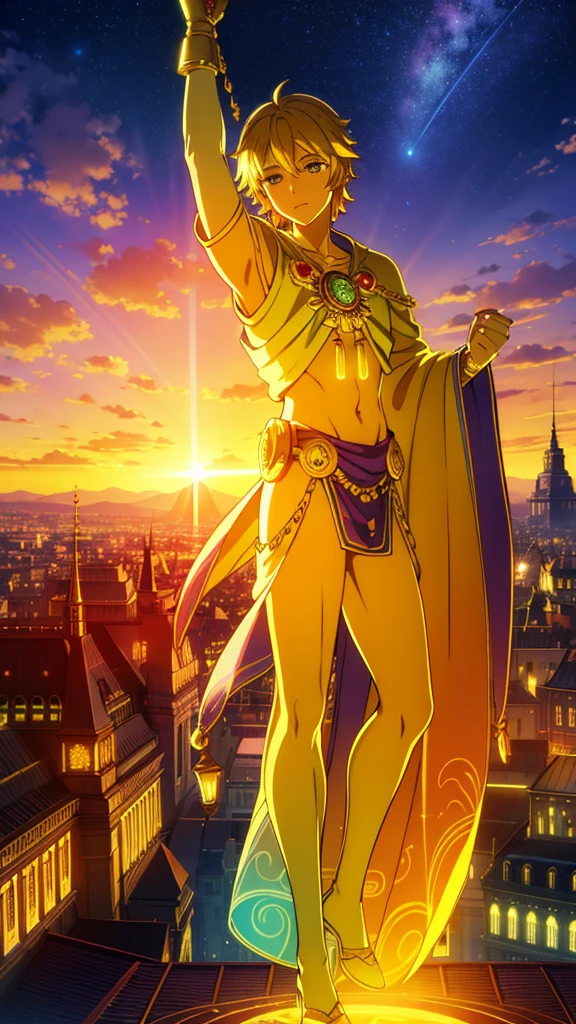 dreamy, colorful, whimsical, magical, masterpiece, best quality, sharp focus, intricately detailed environment, fine detail, 8k resolution, glowing lights,golden skion man statue,sunset sky,park