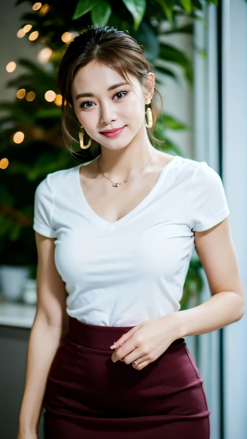 24-year-old secretary wearing a dress, realistic, masterpiece, ultra high resolution, 16K quality, Raw photo, short hair, smile, slim body shape, thin waist, moderate body proportions, perfect skin, Standing in the office corridor drinking coffee, glowing skin, Sunny, earrings、Business Bags