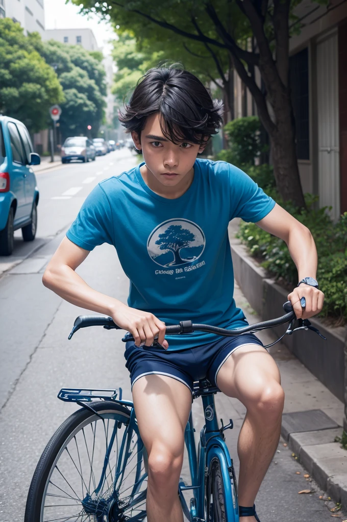 Sad boy riding a dark blue bicycle, street with tree, Tshirt azul claro, hair tossed to the side, red shorts and flip-flops 