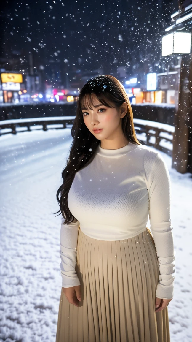 (masutepiece,High quality,16k:1.1),(depth of fields:1.3) ,((front body:1.35)), Japanese ,young Girl,standard height ,khaki Long Sleeve round neck T-shirt Maxi (((Tight))) Dress, huge breasts, thicc, curvy,(Looking at Viewer:1.3),(full body shot:1.2),snowy landscape,(It's snowing:1.3),(Beautiful night view of Tokyo town:1.2)
