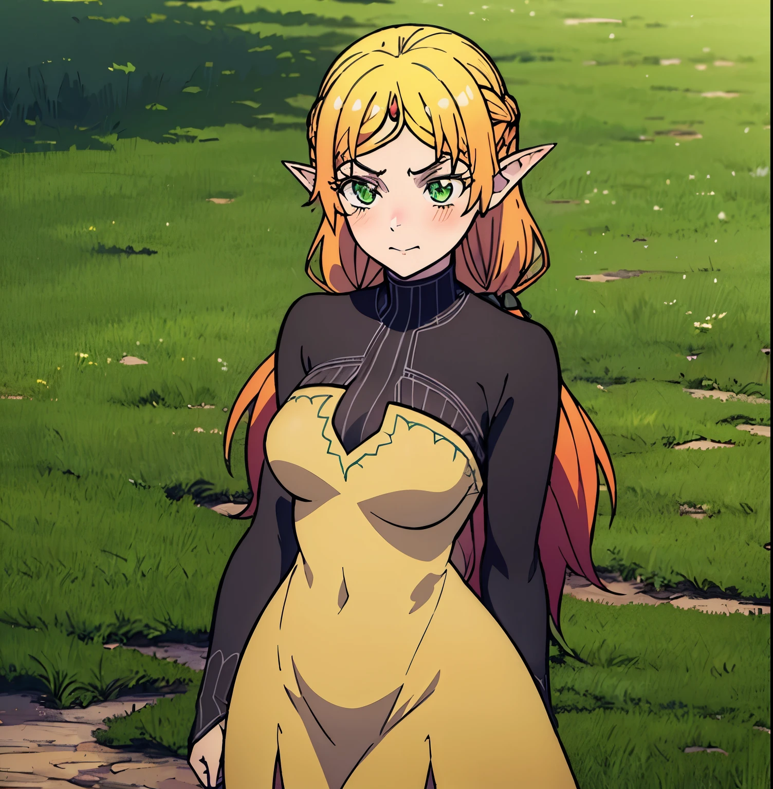 ((1girl)),((alone)), Sui tsundere elf, girl of medium height, serious expression, embarrassed, blushing, looking at viewer, long hair, blonde hair, green eyes, pointed ears, elf, multicolored hair, jewel on the forehead, dress, yellow dress, turtleneck jumpsuit, black pantyhose, sweater, black sweater, long sleeves, outdoors, medieval landscape, green plain, bending over, smile, medium breasts, narrow waist, wide hips, wide thighs, curvy body, perfect body, perfect fingers, dynamic pose, cowboy shot, dutch angle, ultra detailed, masterpiece, detailed eyes, detailed background, sharp focus, facing front,((focus on breasts)),pov( from the middle), perfect hands, perfect anatomy