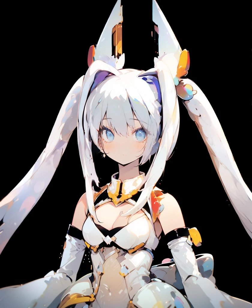 (((Masterpiece))), (((Beautiful Light))), Anime Girl, 1girl, Young, Short Height, Flat Chest, Solo, Wings, Long Hair, Dress, Blue Eyes, White Dress, Priestess Dress, Cape, White Hair, White Pantyhose, Feather Wings, Watching People, Very Long Hair, White Wings, Bangs, Gradient Hair