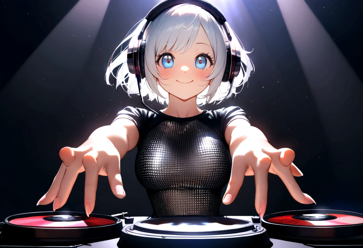 (ultra - detailed, 16K resolution, Cinema lenses, rendering by octane), (high resolution:1.18), intricate detail, (masterpiece:1.1), (highest quality:1.1), (1girl, portrait, white hair, blue eyes, short hair, detailed eyes),Wearing silver DJ headphones, Shiny silver sequined T-shirt, (Iconic hip-hop pop costumes:1.3), Smile while DJing on stage, full body shot of, The spotlight shines on the female DJ. Photorealistic photography by Disco Lighting, (cute round face:1.3), perfect fingers, five fingers, beautiful hands, perfect hands. master peace, cute smile.