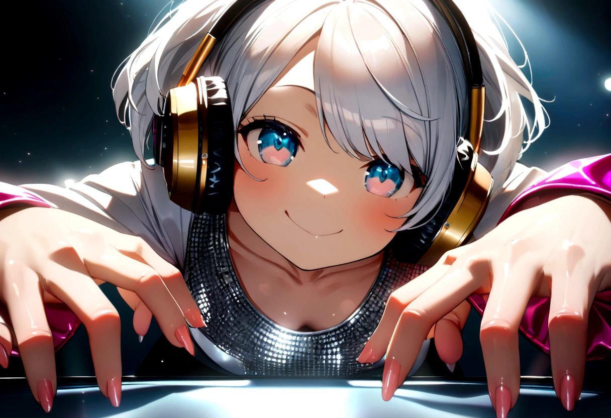 (ultra - detailed, 16K resolution, Cinema lenses, rendering by octane), (high resolution:1.18), intricate detail, (masterpiece:1.1), (highest quality:1.1), (1girl, portrait, white hair, blue eyes, short hair, detailed eyes),Wearing silver DJ headphones, Shiny silver sequined T-shirt, (Iconic hip-hop pop costumes:1.3), Smile while DJing on stage, full body shot of, The spotlight shines on the female DJ. Photorealistic photography by Disco Lighting, (cute round face:1.3), perfect fingers, five fingers, beautiful hands, perfect hands. master peace, cute smile.