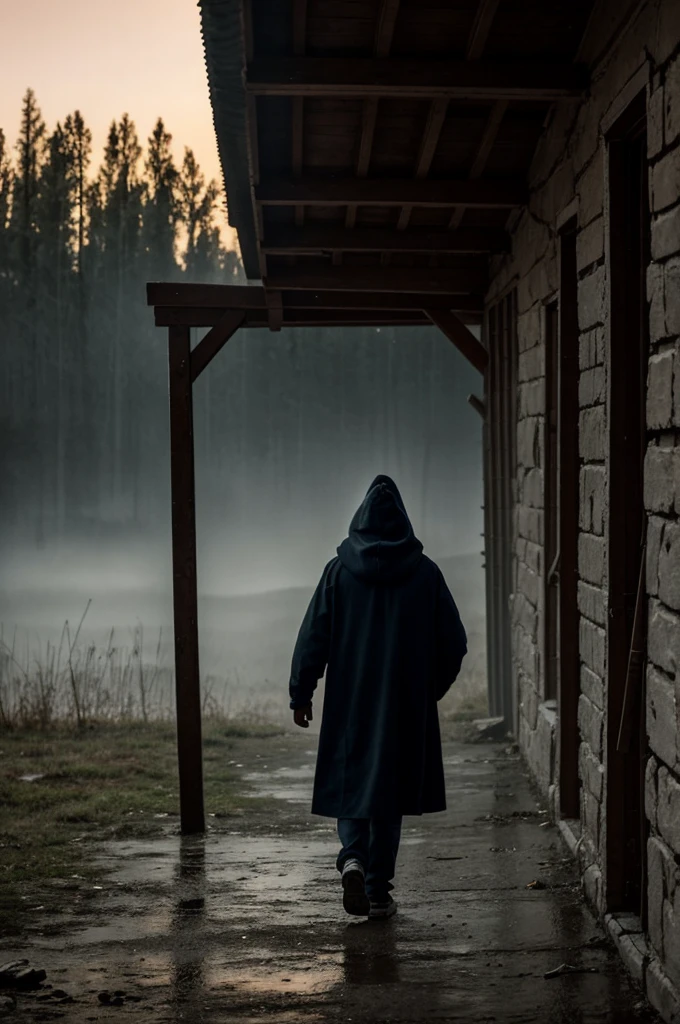 Intensely the film, a captivating poster, the composition exudes cinematic lighting and color gradation. A view from a height of 10 inches of a 15th-century Russian village. In the center, a teenager with a hood over his head, trying to hide the rest. In the background, people running around trying to catch the teenager. A gloomy atmosphere of horror and hopelessness. 
