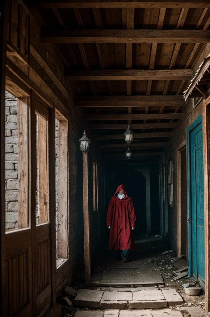 Intensely the film, a captivating poster, the composition exudes cinematic lighting and color gradation. A view from a height of 10 inches of a 15th-century Russian village. In the center, a teenager with a hood over his head, trying to hide the rest. In the background, people running around trying to catch the teenager. A gloomy atmosphere of horror and hopelessness. 
