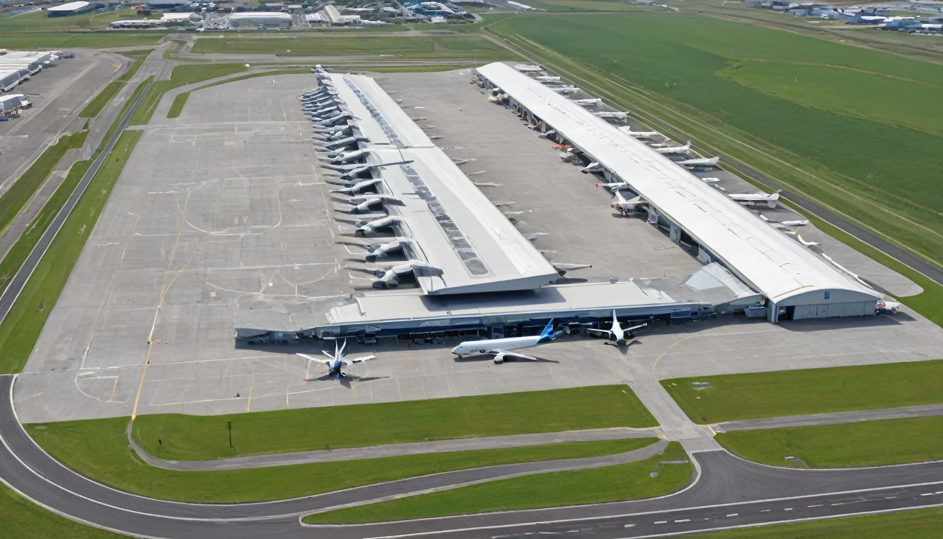 Visual Description of Minimalist Airport Near West Glasgow Harbor
Airport Overview:
Situated close to West Glasgow Port, the airport is a minimalist, functional facility designed to maximize efficiency and interconnection with the port. It is equipped with an airstrip capable of accommodating large aircraft and several hangars that support both commercial and military operations.

Location and Interconnection:

Proximity to the Port: The airport is strategically located adjacent to the port, facilitating the quick and efficient transportation of goods and passengers between the two facilities.
Interconnection: Direct, well-paved roads connect the airport to the port, with internal transportation systems such as trucks and cargo vehicles constantly running between the two locations.
Main Components:

Landing Strip:

Size and Capacity: The runway is long and robust, built to accommodate large aircraft, including freighters and large capacity passenger planes.
Maintenance: The runway is well maintained, with adequate lighting for night operations and clear signage to ensure safe takeoffs and landings.
Hangar:

Number and Types: Several hangars are distributed throughout the airport, each designed for different types of aircraft and operations. There are larger hangars for cargo planes and smaller hangars for passenger planes and military aircraft.
Functions: Hangars are used for maintenance, storage and preparation of aircraft. They are constructed from durable materials and equipped with modern technologies to support efficient and safe operations.