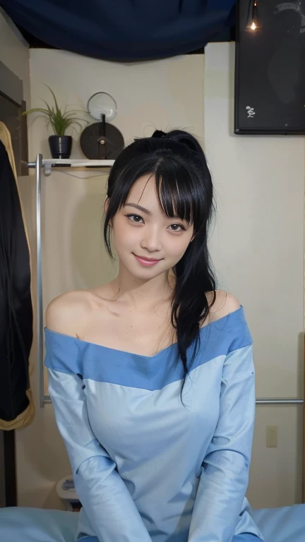 very high quality、be familiar with、1 women with beautiful faces like actresses、18 ～ Random age over 25、、1 person with ponytail、black hair、Completely naked、、Bedroom、look at the camera、attractive appearance、light smile、