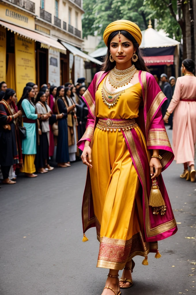 Generate an image of a Himachali woman at Paris Fashion Week. She is walking in a colorful Chamba rumal-inspired outfit with traditional jewelry and a distinct Himachali cap. The runway setting features Parisian elegance with hints of Himachali culture.