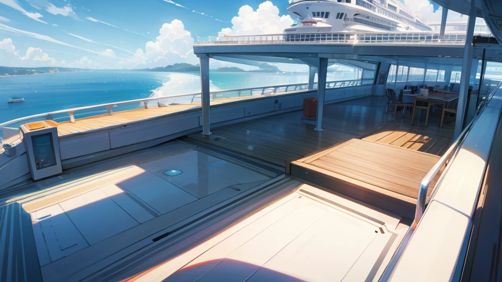 Cruise ship deck, sky full of clouds, no one there