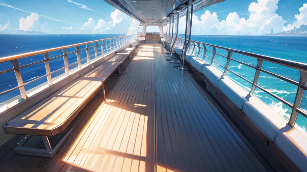 Cruise ship deck, sky full of clouds, no one there
