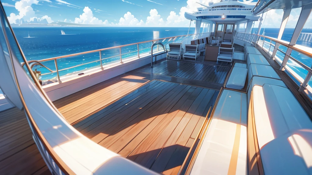 Cruise ship deck, sky full of clouds, no one there