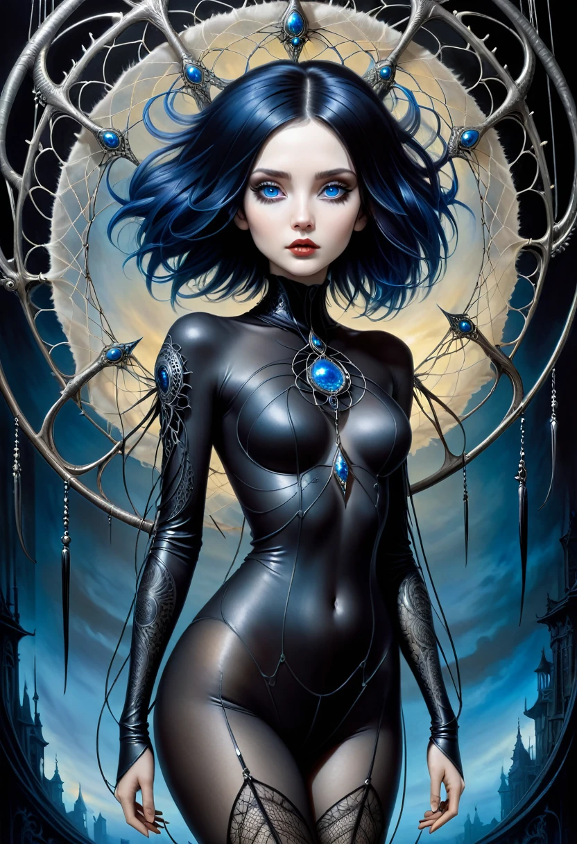 (master part, best quality), 1senhora, standing alone, (lo gothic), dreamcatcher, vampyre, short black hair, loose waves, blue colored eyes, ,fluffly, (HG giger, art by hermann nitsch, Beksinski, Dariusz Zawadzki, giger, zdzislaw beksinski), bed-in, candles, traverser, body skinny, moon light, black jersey, natta, smoke billowing
