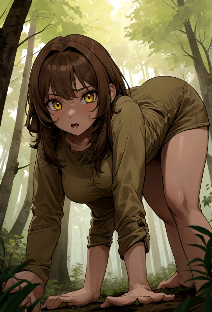 a wild feral light brown haired women on all fours in the forest staring at you with bright yellow eyes