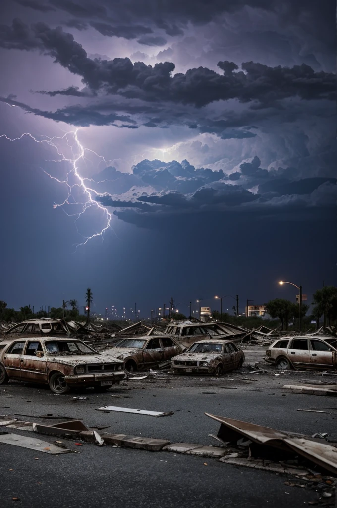 Images of destroyed and deserted cities, with destroyed trees,  with damaged cars,  dead bodies everywhere,  dark sky with big lightning. 
