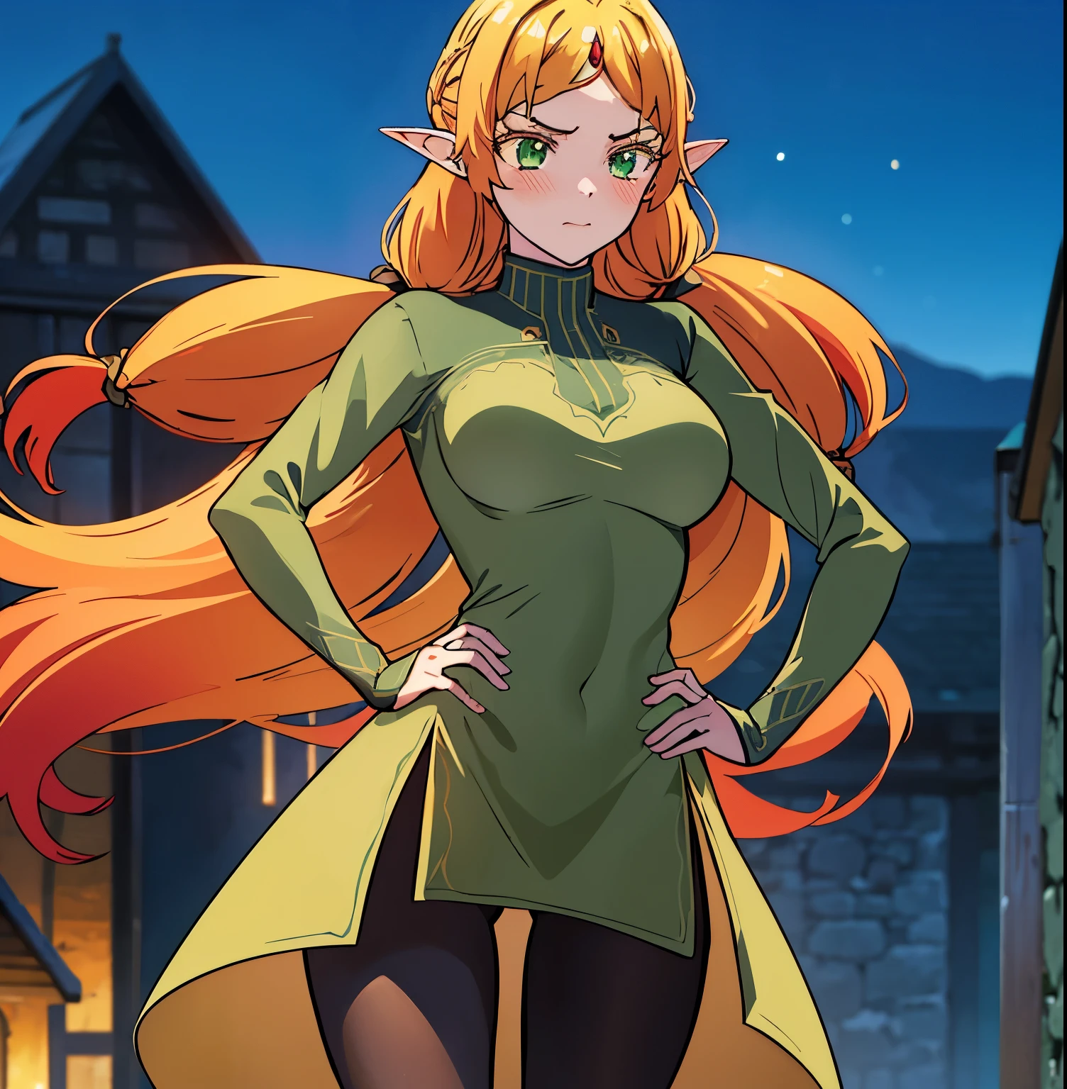 ((1girl)),((alone)), Sui tsundere elf, girl of medium height, serious expression, embarrassed, blushing, looking at viewer, hands on hips, long hair, blonde hair, green eyes, pointed ears, elf , multicolored hair, jewel on the forehead, dress, yellow dress, turtleneck jumpsuit, black pantyhose, sweater, black sweater, long sleeves, outdoors, medieval landscape, green plain, tilted, smile, medium breasts, narrow waist, hips wide,wide thighs,curvy body,perfect body,perfect toes,dynamic pose,cowboy shot,dutch angle,ultra detailed,masterpiece,detailed eyes,detailed background,sharp focus,facing front,((focus on breasts )),pov(from the middle), perfect hands, perfect anatomy