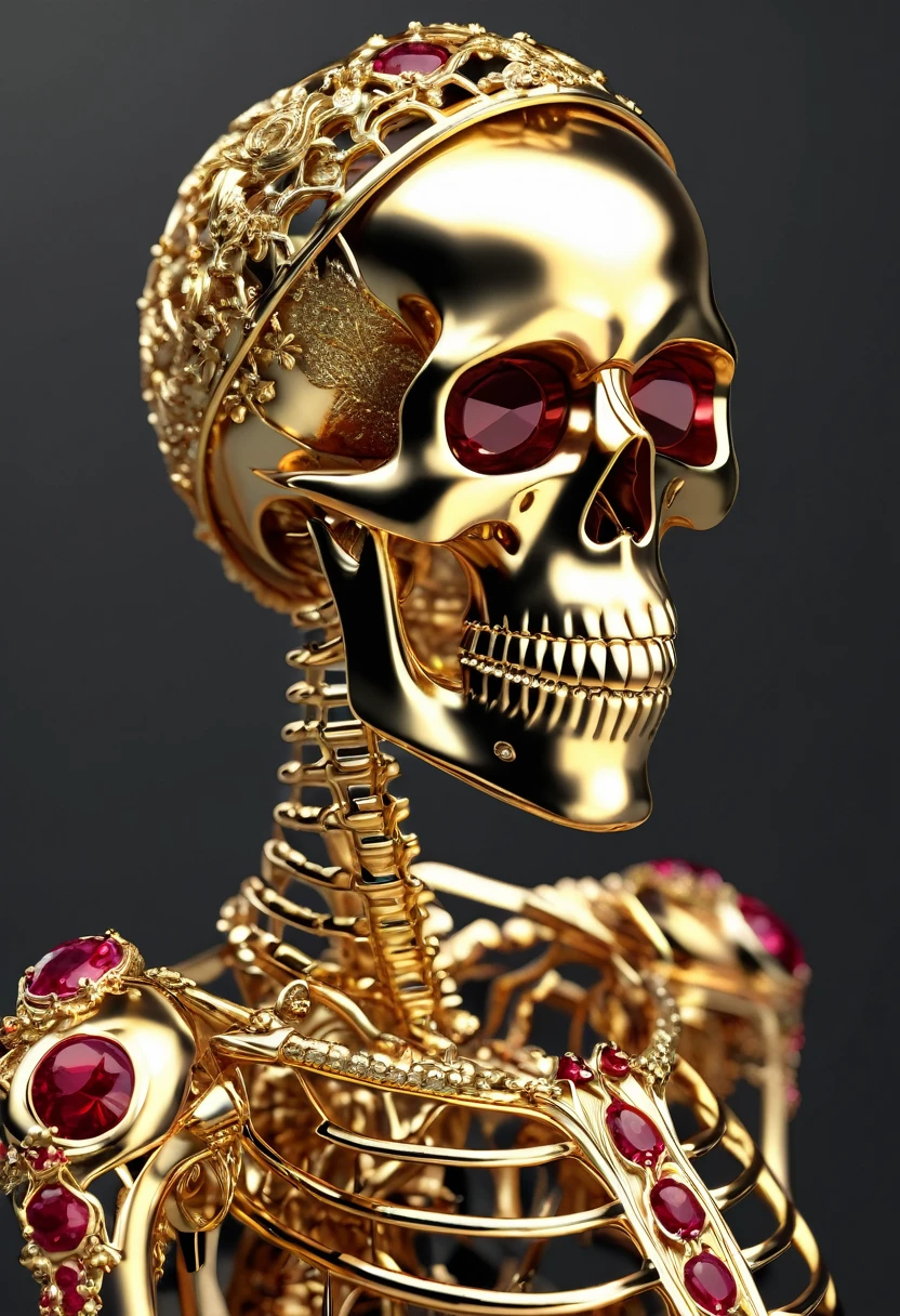 ((Best resolution)), ((high quality:1.2)), 8k, extremely detailed, ((High detail:1.2)), gold skeleton with rubies,