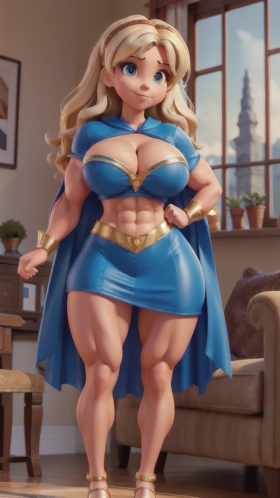 Busty cute italian girl Joana Beltraz, home background, enormous breasts volume, (muscle strong arms and abs and legs), home background, wavy hair, tight superheroine costume and cape