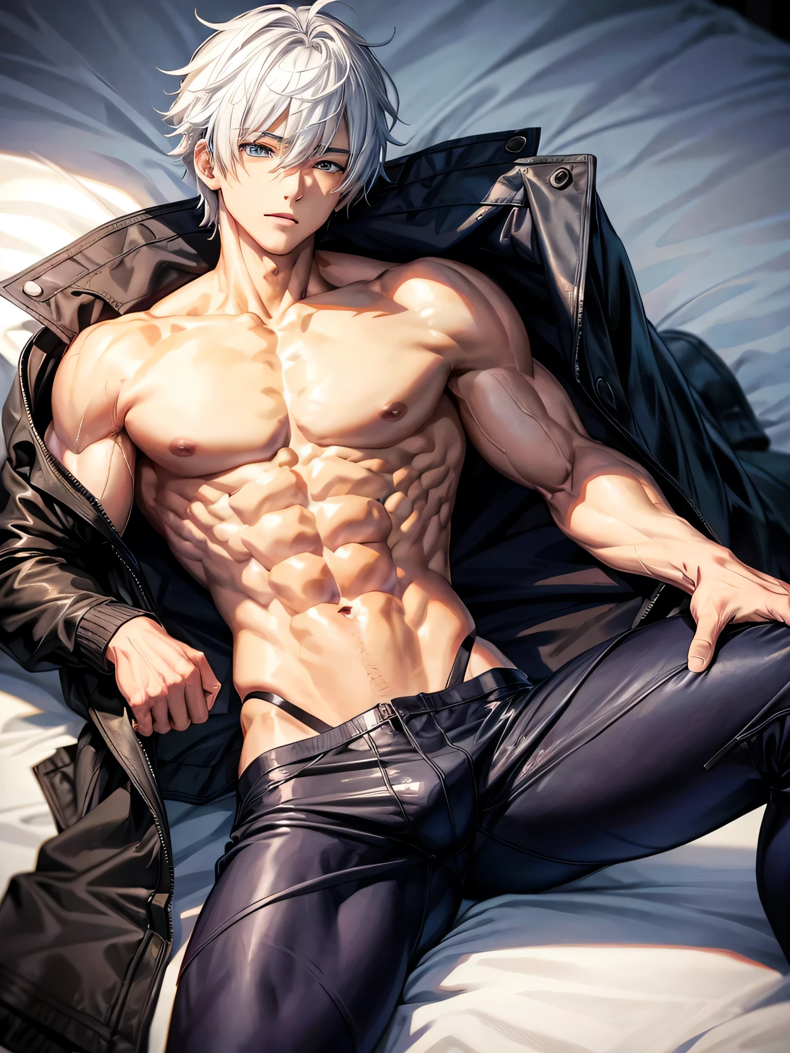 Anime guy about  without outerwear. Muscular with 6-pack abs and back. With white hair. Lying on the bed. 