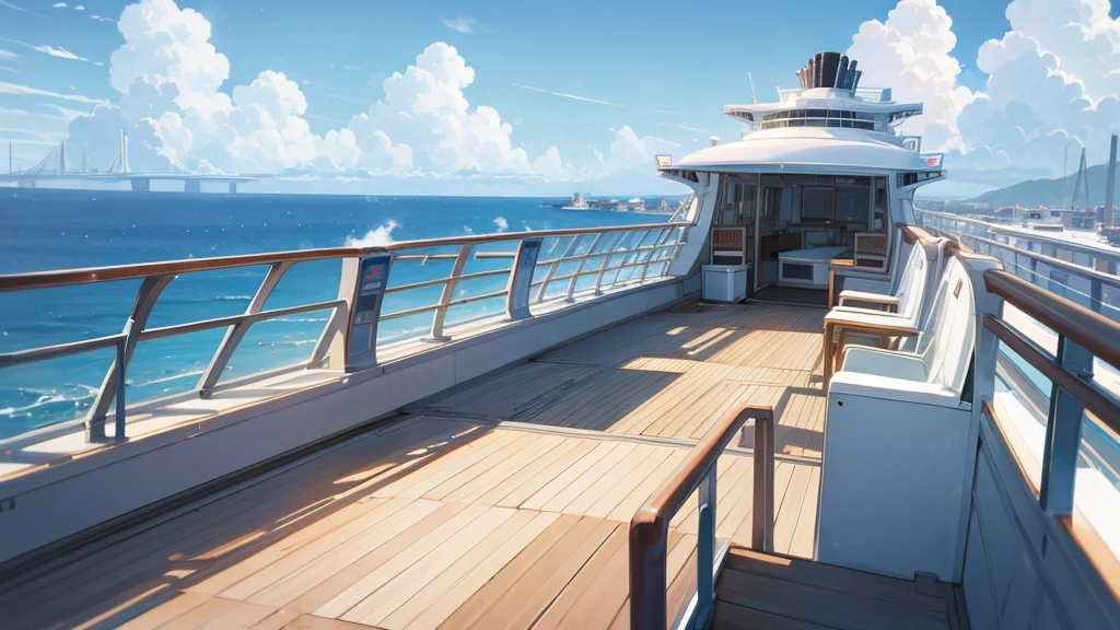 Cruise ship deck, sky full of clouds, no people, cloudy sky