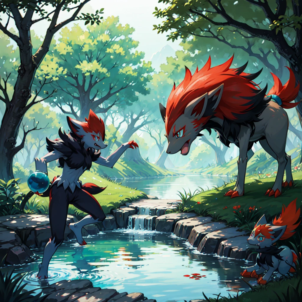 zoroark, pokemon (creature),forest, lake,