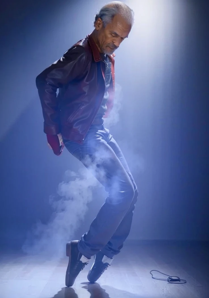 A Old Black man with receding hair line looking to the Floor and wearing a red leather jacket and wearing a Black pants and Dancing 