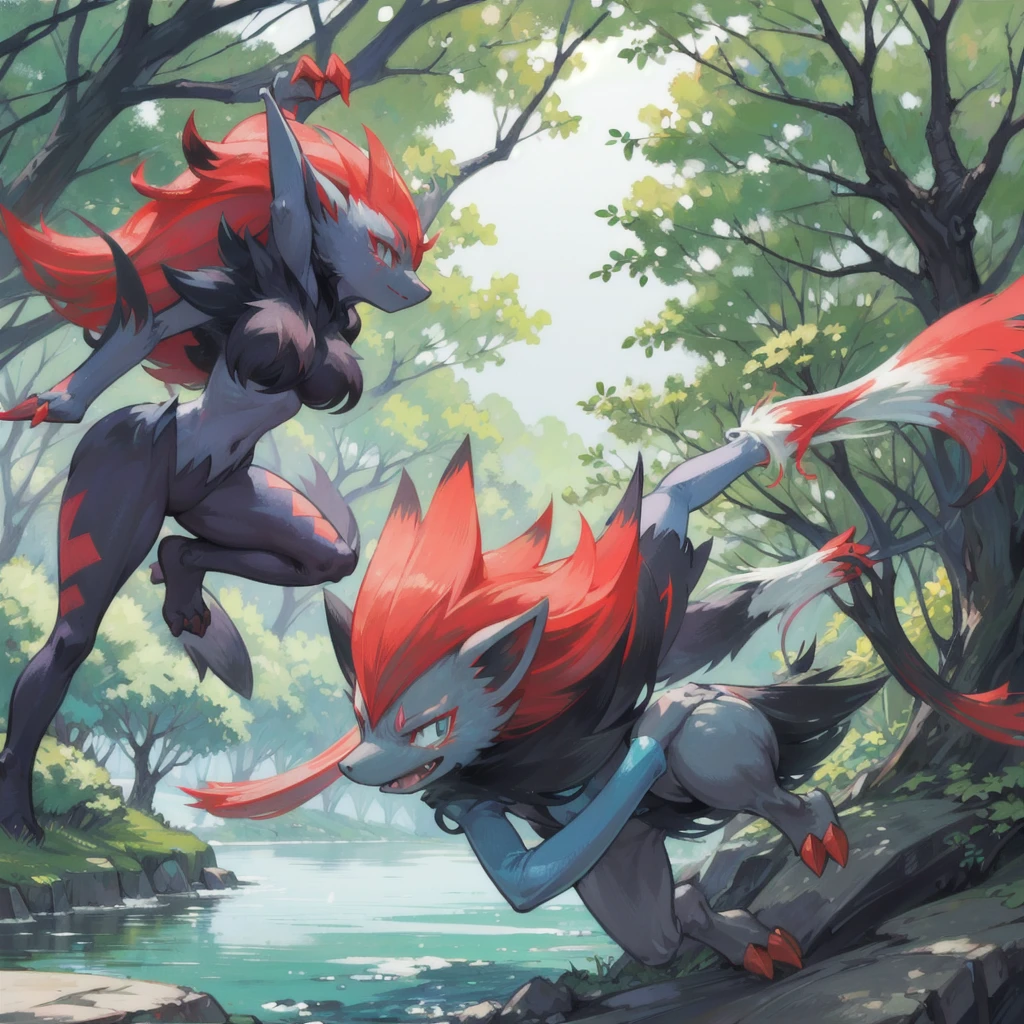 zoroark, pokemon (creature),forest, lake,