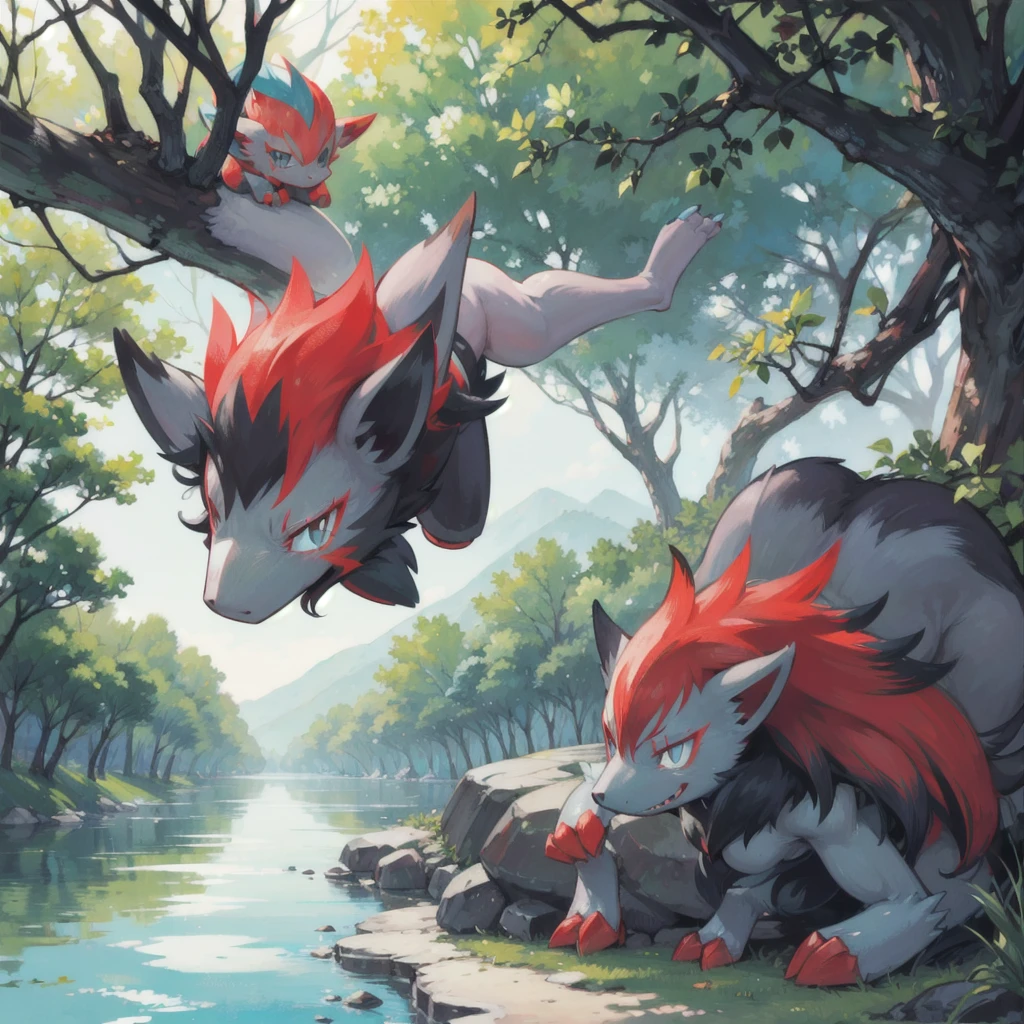 zoroark, pokemon (creature),forest, lake,