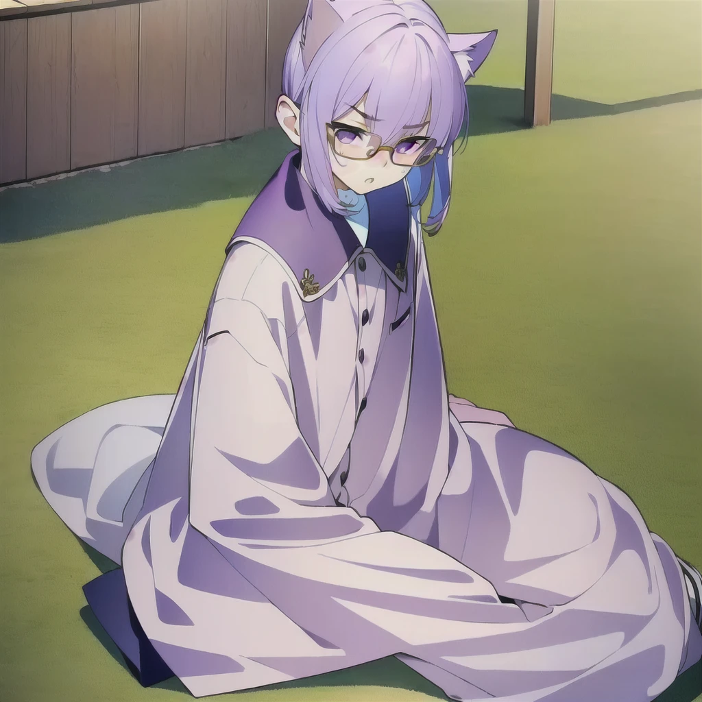 ((masterpiece)), (best quality), (ultra-detailed), photorealistic, (best illustration), ((an extremely delicate and beautiful)), 1boy, solo, medium hair, lilac cat ears, lilac hair, [:lilac cat tail under:0.2], full body, very young, Cute, angry, eating muffin, territorial, hiding food from viewer, purple eyes, shortstack, kid, Crumbs on cheeks, glasses, serious face, boyish face, young boy, shirt and pants, oversize clothes, lazy. 