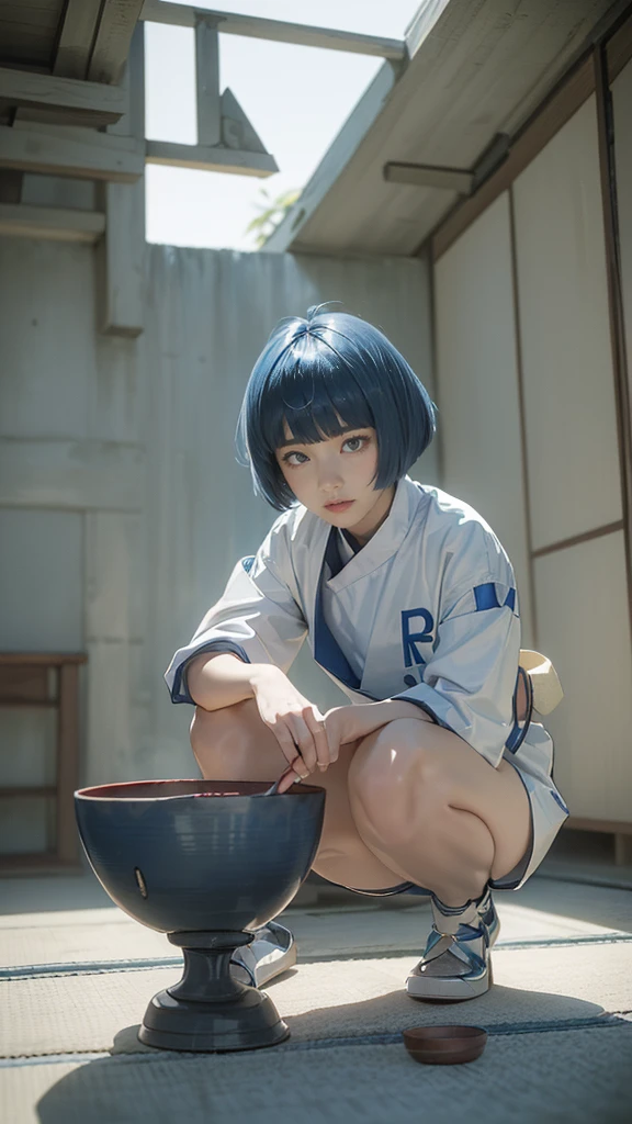 (masterpiece,best quality,In 8K,very detailed,high resolution,realistic,totally:1.2),(The female is squatting down with her legs apart and standing on her toes:1.5),(photo taken alone:1.5), (A beautiful female wearing Team Rocket's white uniform,A large red letter R is drawn on the chest of the jacket..:1.5),(A female with a very cute face:1.4),(Japanese-like narrow eyes and cool face:1.4), (bowl cut, blue hair color:1.5),(정확한 hand:1.4),(female'hand:1.2),(cowboy shot:1.5),(overlook:1.5), (20 year old Japanese female,clothes that fit well,Make your skirt very short, Black patent leather gloves, Black patent leather long boots:1.3), (secret society hideout), (camel toe:1.3), (My upper body is thin:1.4), (flat chest:1.4), (big ass, thick thighs:1.4), (A is looking down..:1.4)